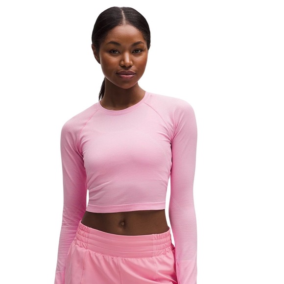 lululemon athletica Tops - Lululemon Swiftly Tech Long Sleeve Cropped Shirt Pink Size 6 Thumbholes Seamless